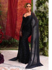 Glamrae 优雅奢华的黑色亮片刺绣长袖美人鱼长裙，后拉链，合身腰部，性感透明鱼骨上衣和褶皱喇叭裙，适合婚礼、庆典、正式活动、音乐会和 VIP 场合 - 黑色 - 查看 5