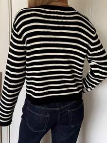 CovetEZ 女士休闲黑色和米色条纹针织开衫 女士开衫 女士休闲服装 秋冬女士服装 - 黑色 - 查看 2