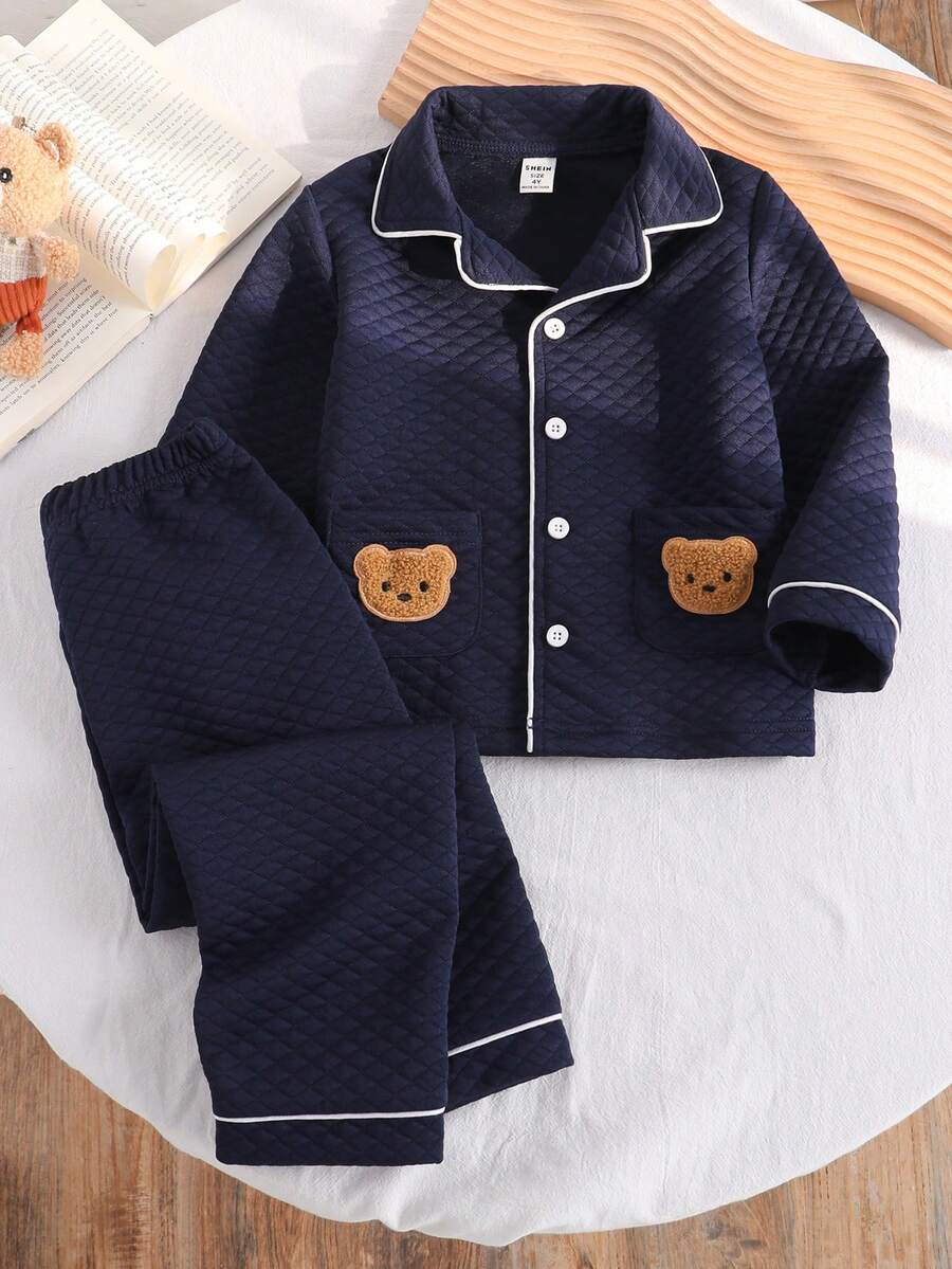 SHEIN Young Boy Navy Blue Quilted Texture Bear Pattern Collar Cardigan & Pants Pajama Set - Royal Blue - View 1