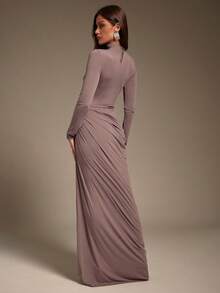 Hauture Sexy Ruched Mock Neck Maxi Dress – Stretch Jersey Asymmetric Long Sleeve Bodycon Gown For Night Out & Holiday - Bold Plum - View 2