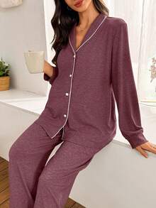 SHEIN Moonlight & Mama Women's Contrast Trim Collar Long Sleeve Top & Pants Loose 2 Piece Comfy Pajamas Set, Winter