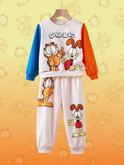 GARFIELD | SHEIN 2pcs/Set Young Boy Cartoon Odie Print Contrast Color Patchwork Long Sleeve Crew Neck Sweatshirt And Sweatpants Knit Casual Sports Outfit