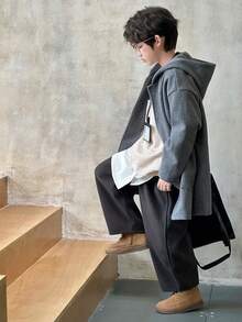 DAZY Tween Boy Solid Color Drop Shoulder Long Sleeve Single-Breasted Casual Loose Hooded Overcoat, Autumn/Winter - Grey - View 3