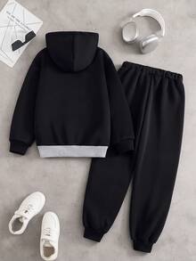 2pcs/Set Teenage Boys' Patchwork Hoodie Jacket And Pants Set, Soft Fabric, Comfortable, Suitable For Autumn/Winter, Outdoor Sports, Casual Outings, School, Versatile Wear - Black and White - View 2