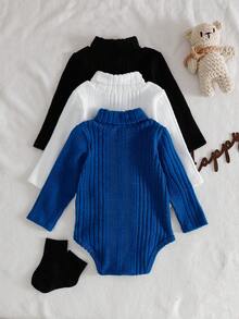 SHEIN 3pcs/Set Infant Boys' Casual All-Match Turtleneck Ribbed Texture Long Sleeve Bodysuit, Autumn/Winter - Multicolor - View 2