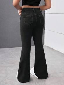 千禧少女春夏度假纯色水洗优雅高腰水钻弹力喇叭牛仔裤，毛边裤脚，夏季海滩波西米亚风度假喇叭裤，夏季音乐会、节日休闲派对、夏季早午餐、教堂毕业典礼、街头风、返校季喇叭裤，低腰宽松星形牛仔裤 - 黑色 - 查看 2