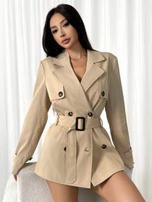 SHEIN EZwear 卡其色长袖简约双排扣中长款收腰风衣，适合秋冬季休闲日常穿搭 - 卡其色 - 查看 3