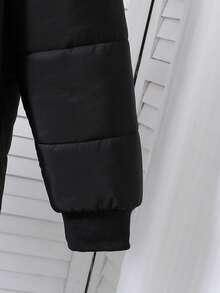 1pc Black Long Casual Style Black Stitching Crafted Long Sleeve Straight Hem Hooded Fur Collar Thick Winter Commute Daily Warm Fashion Versatile Girls Padded Coat - Black - View 4