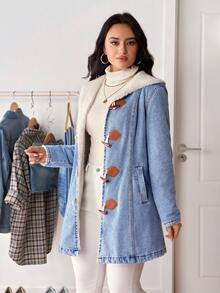 SHEIN Tall 女式浅蓝色牛角扣长袖牛仔夹克 - 藍色 - 查看 7