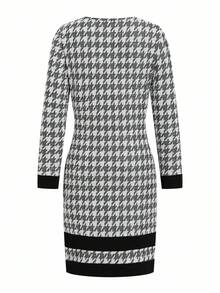 Ellevyn Women's Elegant Houndstooth Knit Round Neck Long Sleeve Fitted Versatile Midi Dress,Winter Clothes Elegant, Winter Dresses For Women