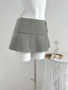 Elamini 复古风格低腰女式纽扣设计休闲迷你裙 - 淺灰色 - 查看 1