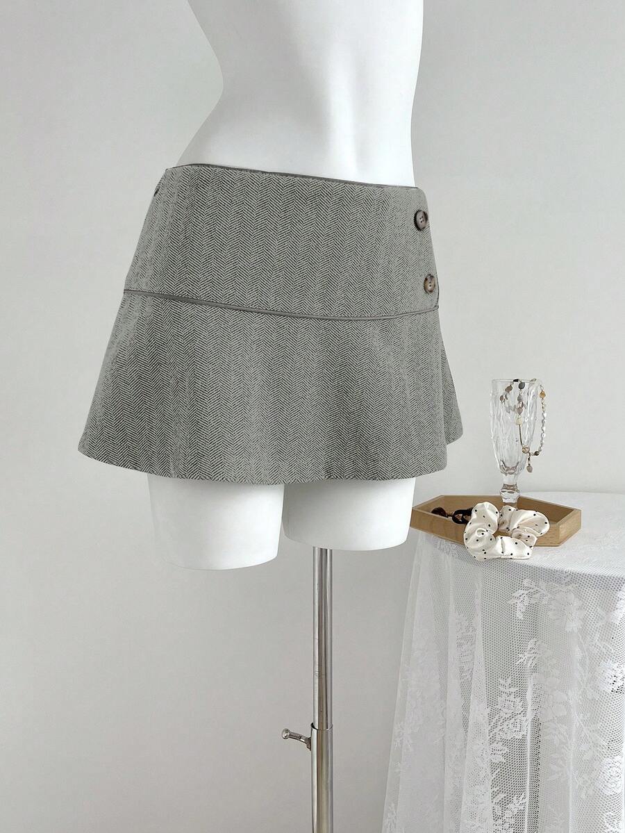 Elamini 复古风格低腰女式纽扣设计休闲迷你裙 - 淺灰色 - 查看 1