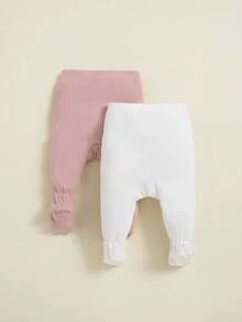 SHEIN 女婴童2入組字母貼布條紋針織緊身打底褲