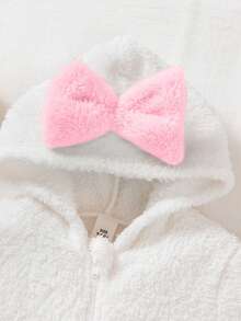 新生女宝宝柔软蓬松连帽连体衣，秋冬季宝宝休闲拉链连体衣，女宝宝冬季连体衣，宝宝抓绒连体衣 - 粉色 - 查看 5