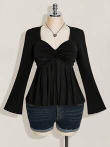 SHEIN ICON 大码女式黑色胸部扭纹针织上衣，娃娃装针织上衣，Y2k 服装，毕业季返校季返校服装秋季服装，女式可爱上衣，娃娃装上衣 - 黑色 - 查看 3