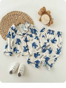 SHEIN Ensemble de vêtements de détente à manches longues en tricot avec motif de dessin animé mignon pour bébé fille - Beige - Voir 1