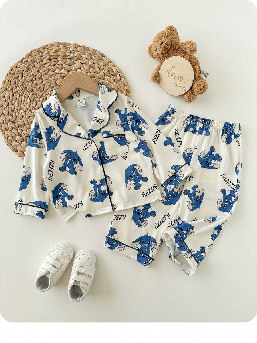 SHEIN Ensemble de vêtements de détente à manches longues en tricot avec motif de dessin animé mignon pour bébé fille - Beige - Voir 1