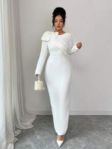 Selianne 女装 2025 春/秋新款圆领肩部 3D 花卉装饰袖纽扣装饰 A 字腰开叉下摆优雅淑女别致连衣裙，法式长袖长裙，适合 20-35+ 女性度假/晚装，白色 - 米色 - 查看 6