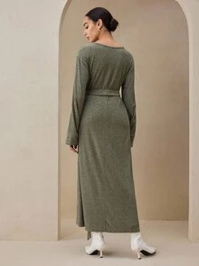 Graceveil Women's Green Autumn Soft Ribbed Knit Fabric Round Neck Flare Sleeve Button Tie Design Long Dress - Army Green - View 2