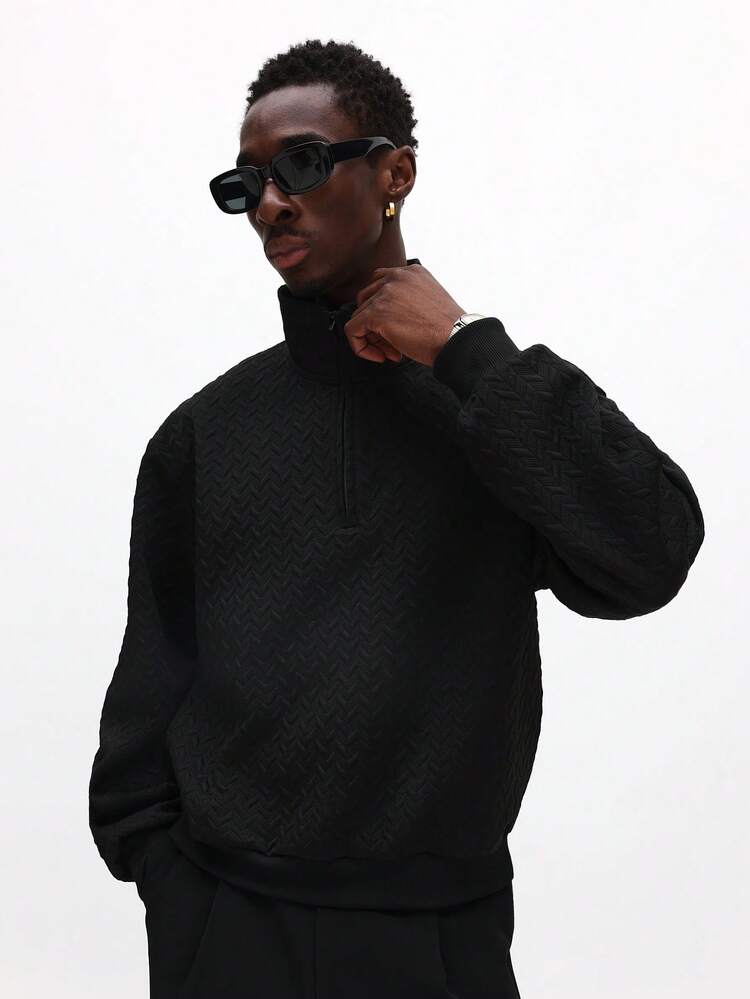 Quarter Zip Funnel Neck Textured Sweatshirt