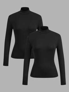 Tseoso 2pcs Women High Neck Tight Fit Long Sleeve Base Layer T-Shirt Set, Suitable For Autumn/Winter. Versatile For Daily Wear, 95% Cotton, Indoor And Outdoor, Vintage, Soft Girl, Outing Items, Home, Back To School, Fall Women Clothes, Versatile, Old Money, New Money, Gift For Mom, Family Gift, Christmas Gift - Black - View 10