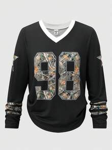 SHEIN Explorewe 嘻哈数码印花宽松长袖基础款套头V领休闲上衣，男女童通用，带星星图案摩托车涂鸦运动衫T恤，适合旅行、上学穿着。面料柔软，春夏秋冬皆宜，也适合返校季穿着。 - 黑色 - 查看 3