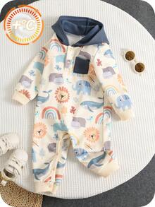 SHEIN Newborn Baby Unisex Cute Cartoon Pattern Knitted Hooded Jumpsuit, Autumn/Winter Baby Clothes - Multicolor - View 1