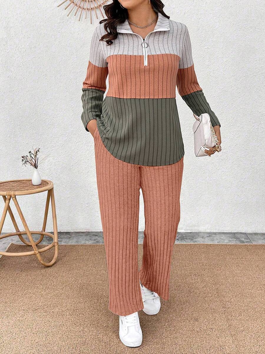 EMERY ROSE Conjunto informal de 2 piezas de camiseta de manga larga con cuello, cremallera y bloques de color de punto suave y pantalones acanalados suaves para tallas grandes - Multicolor - Ver 1