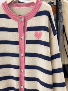 Calvaya Plus Size Striped Heart Embroidered Cardigan, Valentine's Day - Coral Pink - View 3