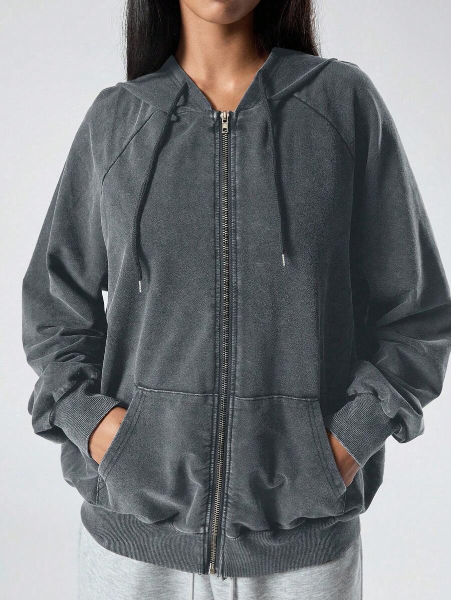 SHEIN EZwear Plus Size Vintage Distressed Cotton Hoodie Jacket,Fall Clothes For Women