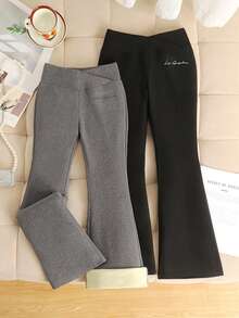 SHEIN 2条装少女保暖加厚修身喇叭裤，黑色和深灰色，柔软舒适，洛杉矶图案和标语印花，休闲百搭打底裤，保暖柔软打底裤套装，女士冬季保暖加厚打底裤，喇叭裤型