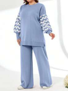 SHEIN Cottnline Striped Color Block Sweater And Pants Two Pieces Set - Baby Blue - View 3
