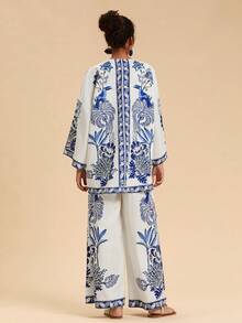 Travachic 女款印花宽松长袖衬衫和高腰宽松阔腿裤两件套 - 藍白色 - 查看 2