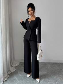 SHEIN PETITE 小巧优雅女士方领长袖口袋双排扣西装外套和直筒裤两件套，适合秋季、感恩节、办公穿着 - 黑色 - 查看 5