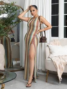 Melissa Matos Women's Contrast Stripe Side Slit Elegant Sexy Cover-Up