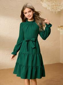 女童圣诞绿色长袖连衣裙，休闲百搭童装，适合青少年女孩日常穿着，秋冬季 - 綠色 - 查看 5