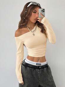 Coolane Women's Fall/Winter Daily Wear Essentials Knit Stretchy Comfy Comfortable Asymmetrical Neck Long Sleeve Beige Tops - Apricot - View 4