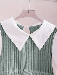 Blusa casual escolar 2 em 1 com bloco de cores e manga comprida e gola Peter Pan para meninas pré-adolescentes - Verde - Ver 4