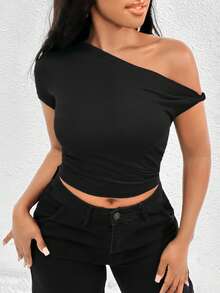 SHEIN SXY 2 件女式纯色不对称领口褶饰短袖 T 恤套装不对称上衣 - 彩色 - 查看 4