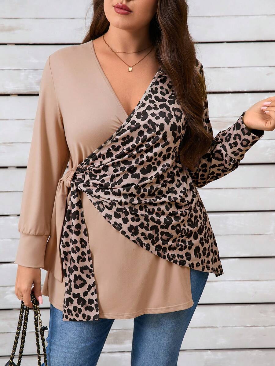 EMERY ROSE Plus Size Women V-Neck Long Sleeve Leopard Patchwork Casual Tie-Front Tunic Top - Khaki - View 1