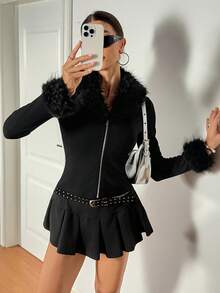 SHEIN PETITE Áo khoác đen dáng dài kiểu miền Tây phong cách Grunge, Goth, thích hợp cho các buổi hòa nhạc, câu lạc bộ đêm. - màu đen - Xem 7