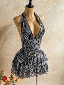 Soleia 复古扎染斑马纹V领系带网眼褶饰浪漫假日连衣裙/迷你连衣裙，适合秋冬女士 - 彩色 - 查看 5