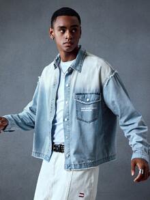 ROMWE MEN Street Life Men's Figure Print Ombre Denim Jacket - Blue - View 4