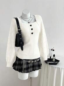 Elamini 可爱心形休闲百搭女式毛衣 - 米色 - 查看 1