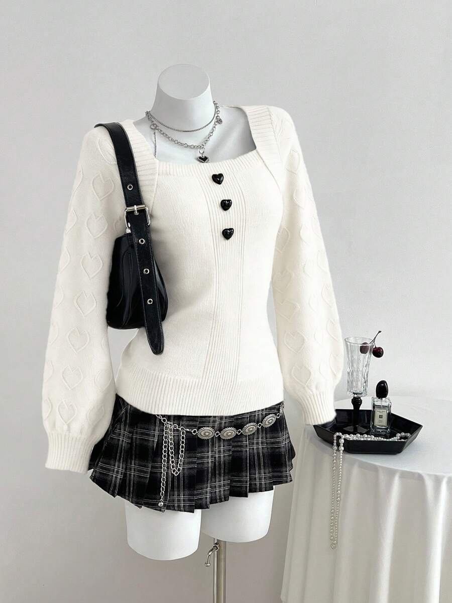 Elamini 可爱心形休闲百搭女式毛衣 - 米色 - 查看 1