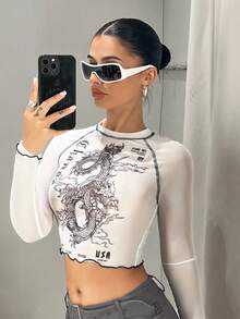 SHEIN ICON 中国龙与字母图案明线缝线生菜边插肩袖白色短款上衣