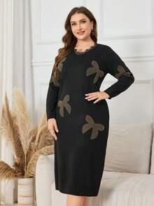 Lacomfia Đầm dệt kim tay dài đính nơ đính đá giả ren tương phản cỡ lớn thời trang thu đông cho nữ - màu đen - Xem 4