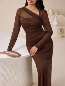 Modelyn 女士优雅不对称领口长袖连衣裙，适合派对 - 摩卡棕 - 查看 1