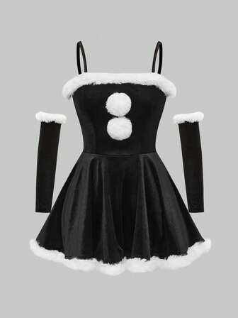 Goth Gotischer Weihnachts Sexy Camisole Patchwork Kunstpelz Kleid (mit Ärmelmanschetten)