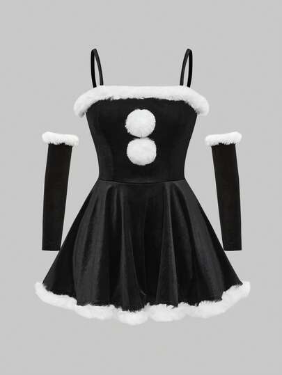 Goth Vestido de canesú con parches, de estilo gótico navideño y sexy, con puños de piel sintética (con mangas)